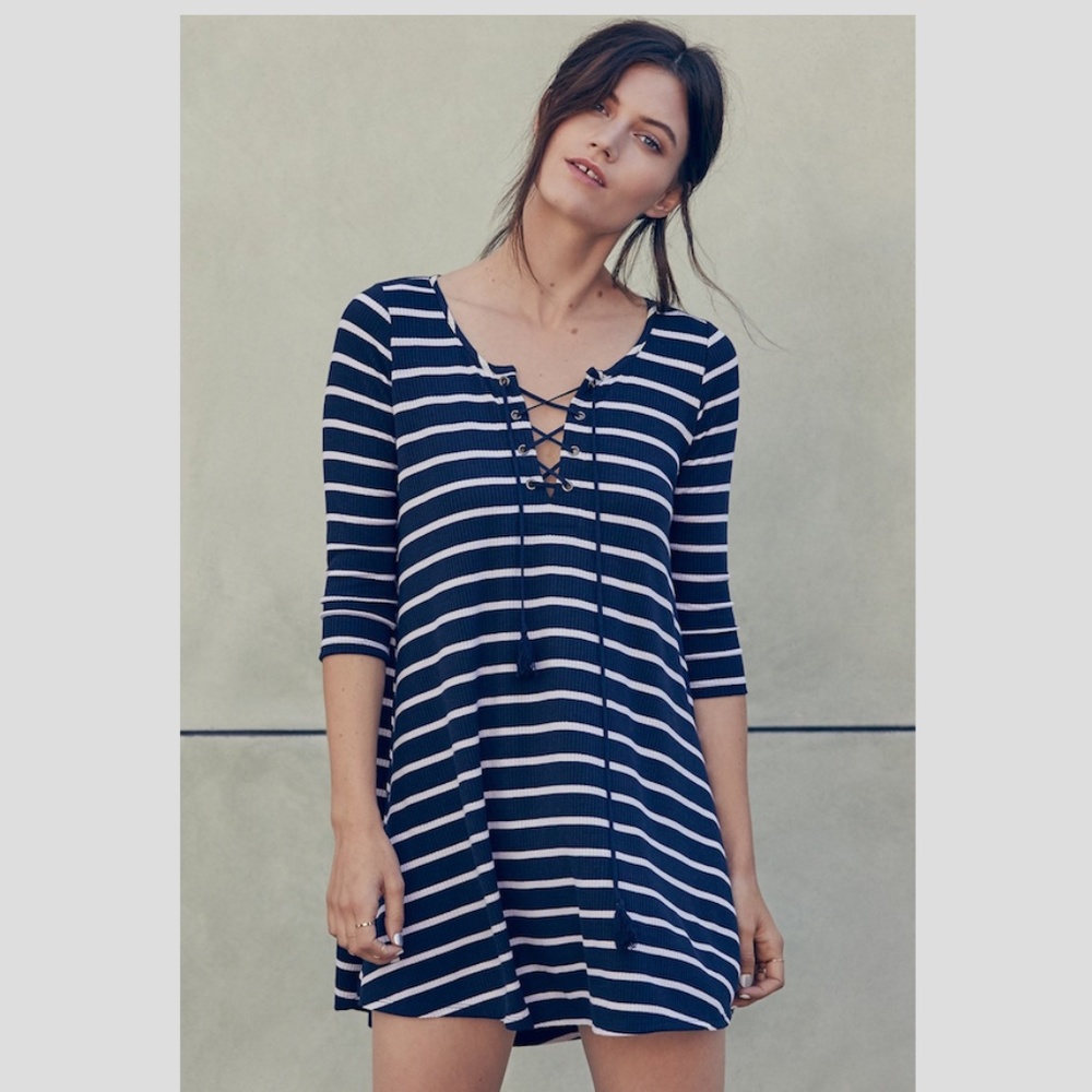 Nordstrom Boutique Navy White Striped Lace-Up Midi Dress | Size S